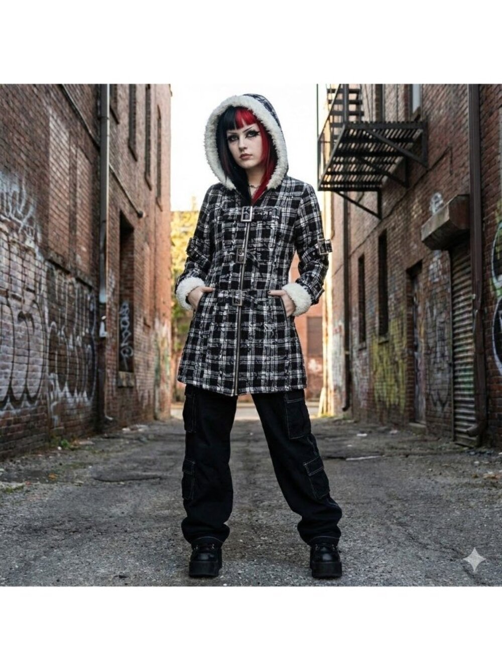 Vintage y2k Mercy Mall Goth Emo Parka Plaid Skull Bondage Jacket Fur Hood Small